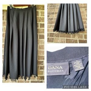 Dana Buchman Skirt 100%Wool Fringe Midi Pleated Career Black Size 12 EUC